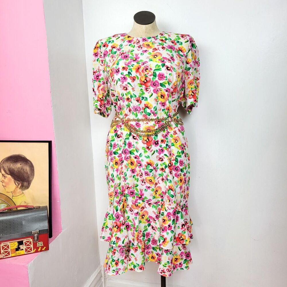 Vintage 80s Bright Floral Print Drop Waist Dress